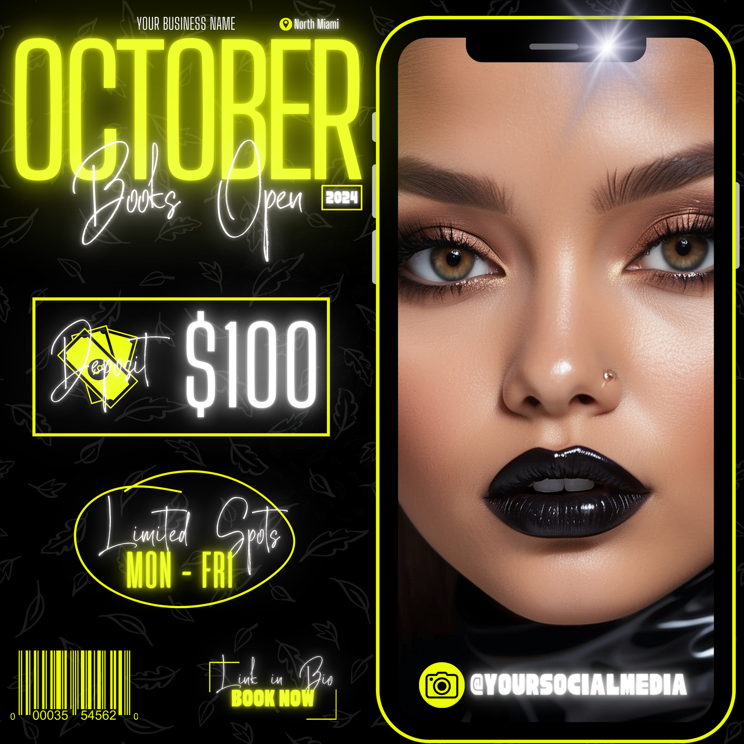 5 Neon Flyers | October Booking Flyers | Yellow Theme
