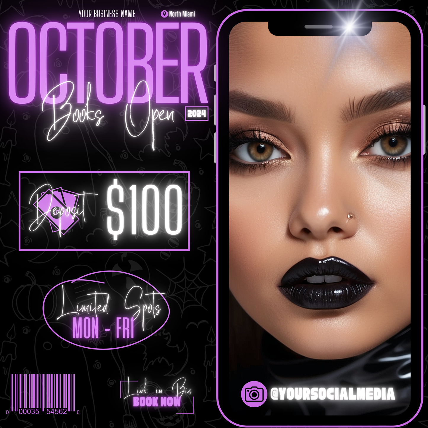 5 Neon Flyers | October Booking Flyers | Purple Theme