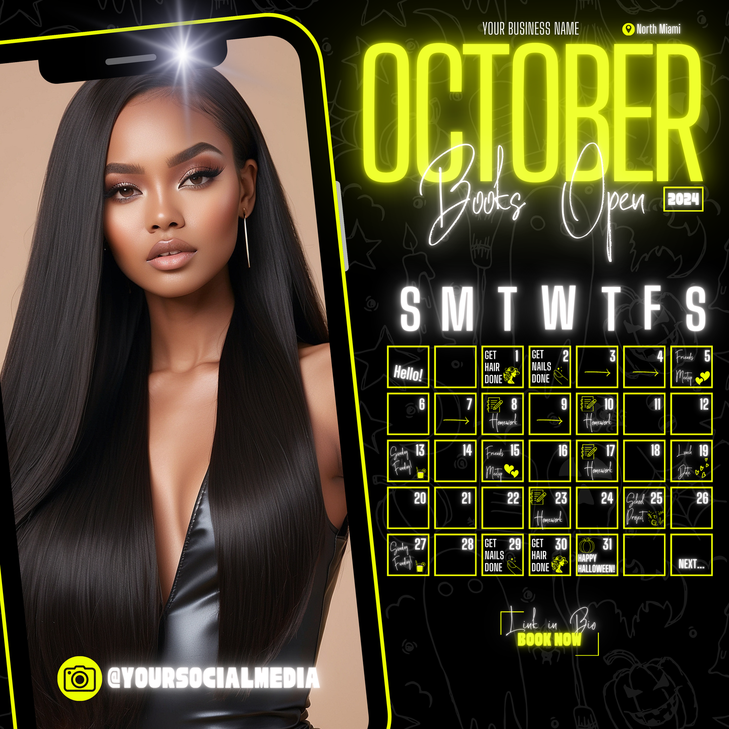 5 Neon Flyers | October Booking Flyers | Yellow Theme