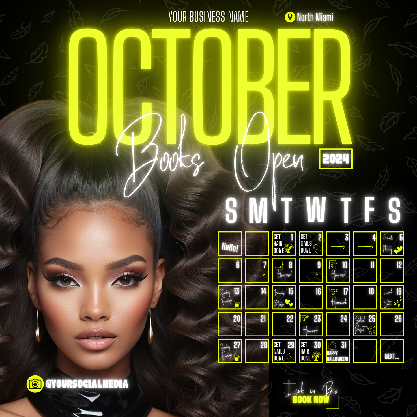 5 Neon Flyers | October Booking Flyers | Yellow Theme