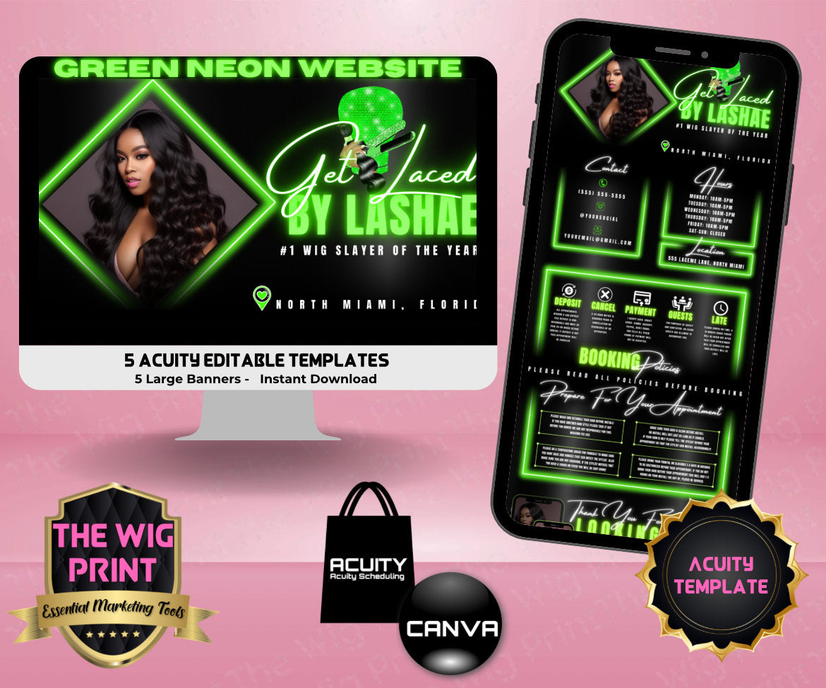 HairStylist | Wig Maker | Green Neon Diamond | Acuity Template | 5 Banners | Hair + Wig Industry | DIY | CANVA | Flyer | Website