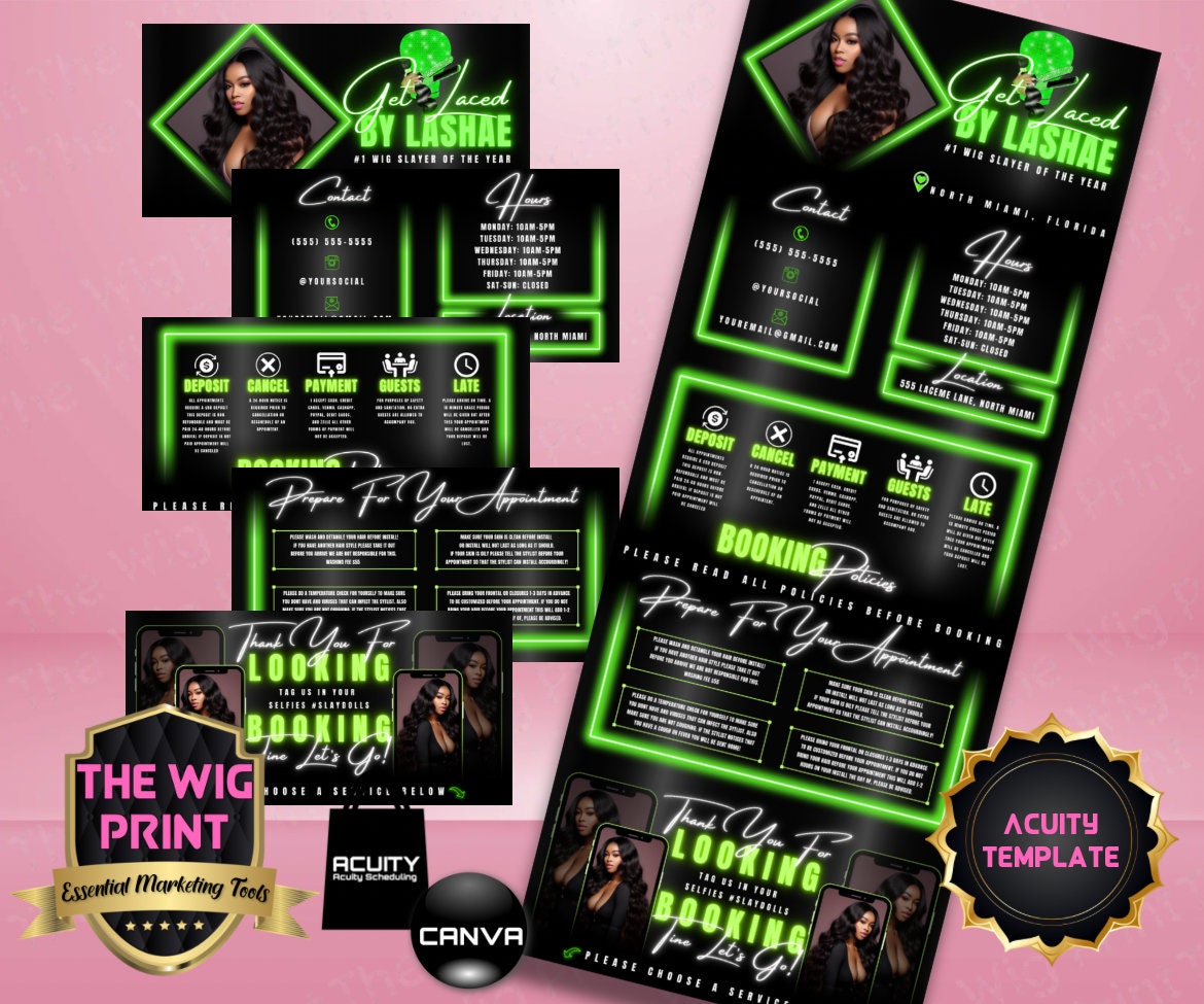HairStylist | Wig Maker | Green Neon Diamond | Acuity Template | 5 Banners | Hair + Wig Industry | DIY | CANVA | Flyer | Website