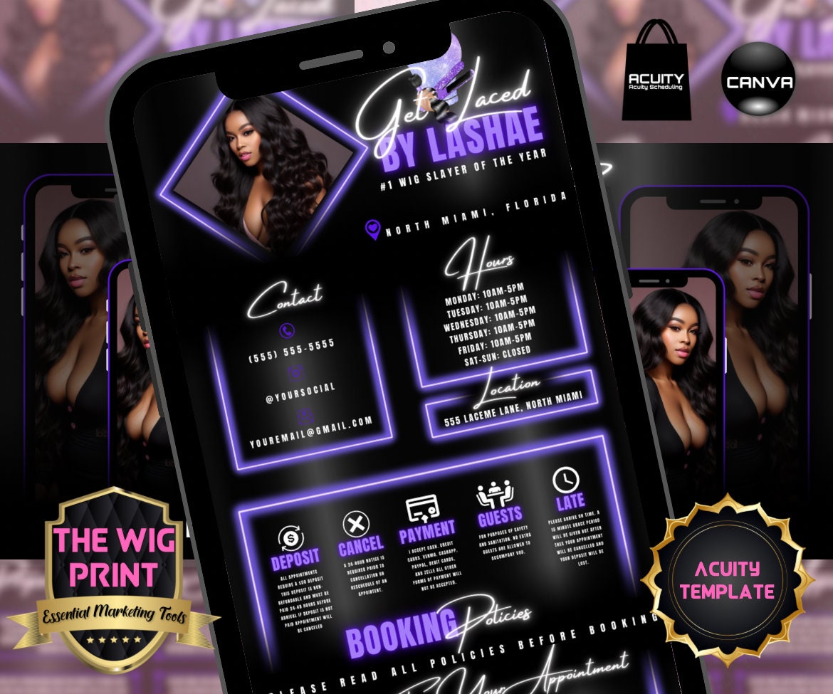 HairStylist | Wig Maker | Purple Neon Diamond | Acuity Template | 5 Banners | Hair + Wig Industry | DIY | CANVA | Flyer | Website