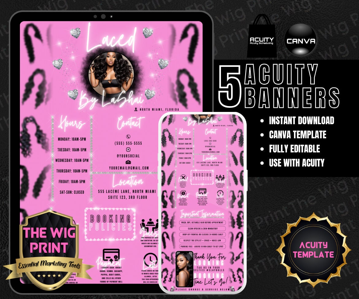 HairStylist | Wig Maker | Pink Pastel Hearts | Acuity Template | 5 Banners | Hair + Wig Industry | DIY | CANVA | Flyer | Website