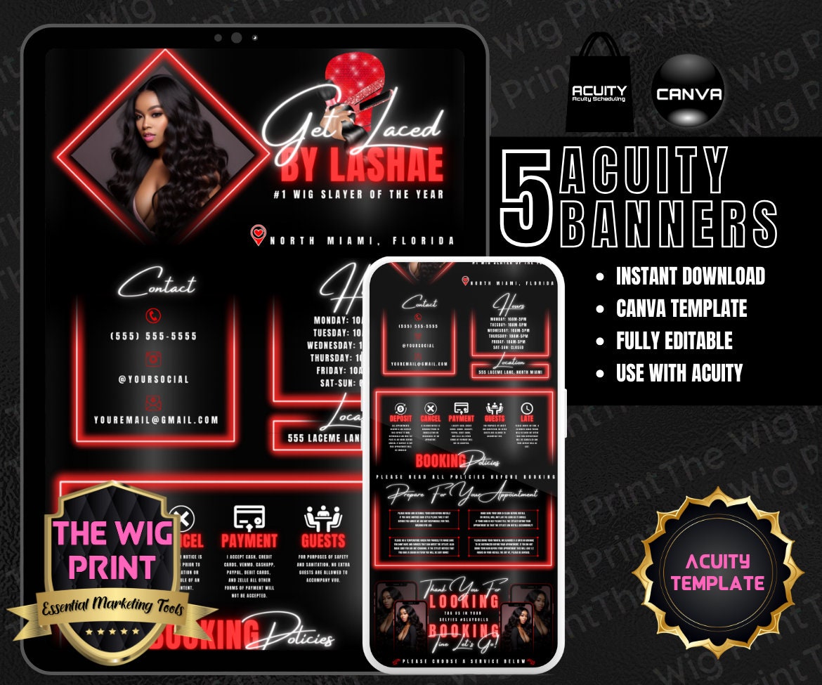 HairStylist | Wig Maker | Red Diamond | Acuity Template | 5 Banners | Hair + Wig Industry | DIY | CANVA | Flyer | Website