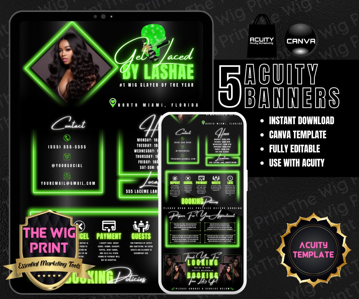 HairStylist | Wig Maker | Green Neon Diamond | Acuity Template | 5 Banners | Hair + Wig Industry | DIY | CANVA | Flyer | Website