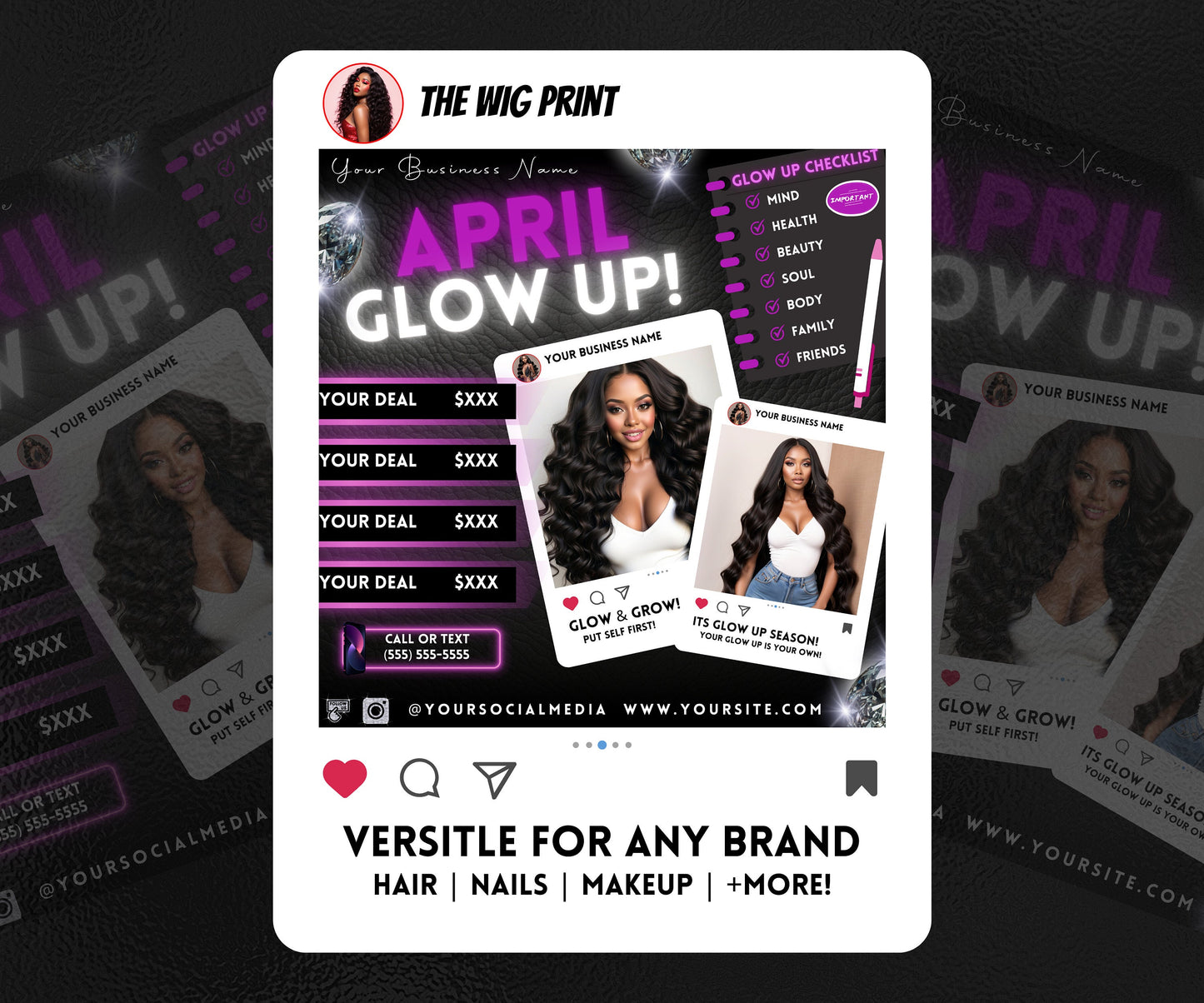 April Glow Up | 4 Flyers | Purple Theme | Hair + Wig, Nail, Lashes, & Makeup Industry | DIY | CANVA | Instagram | Facebook