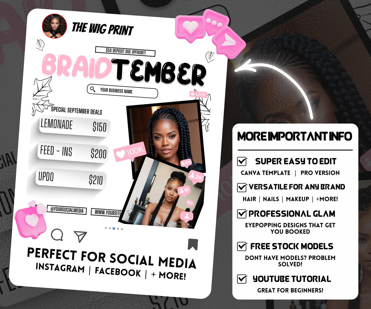 BraidTember | Braider Flyer | Canva Template | Beauty Flyer | Braid Promo | Customizable | September Flyer | September Specials