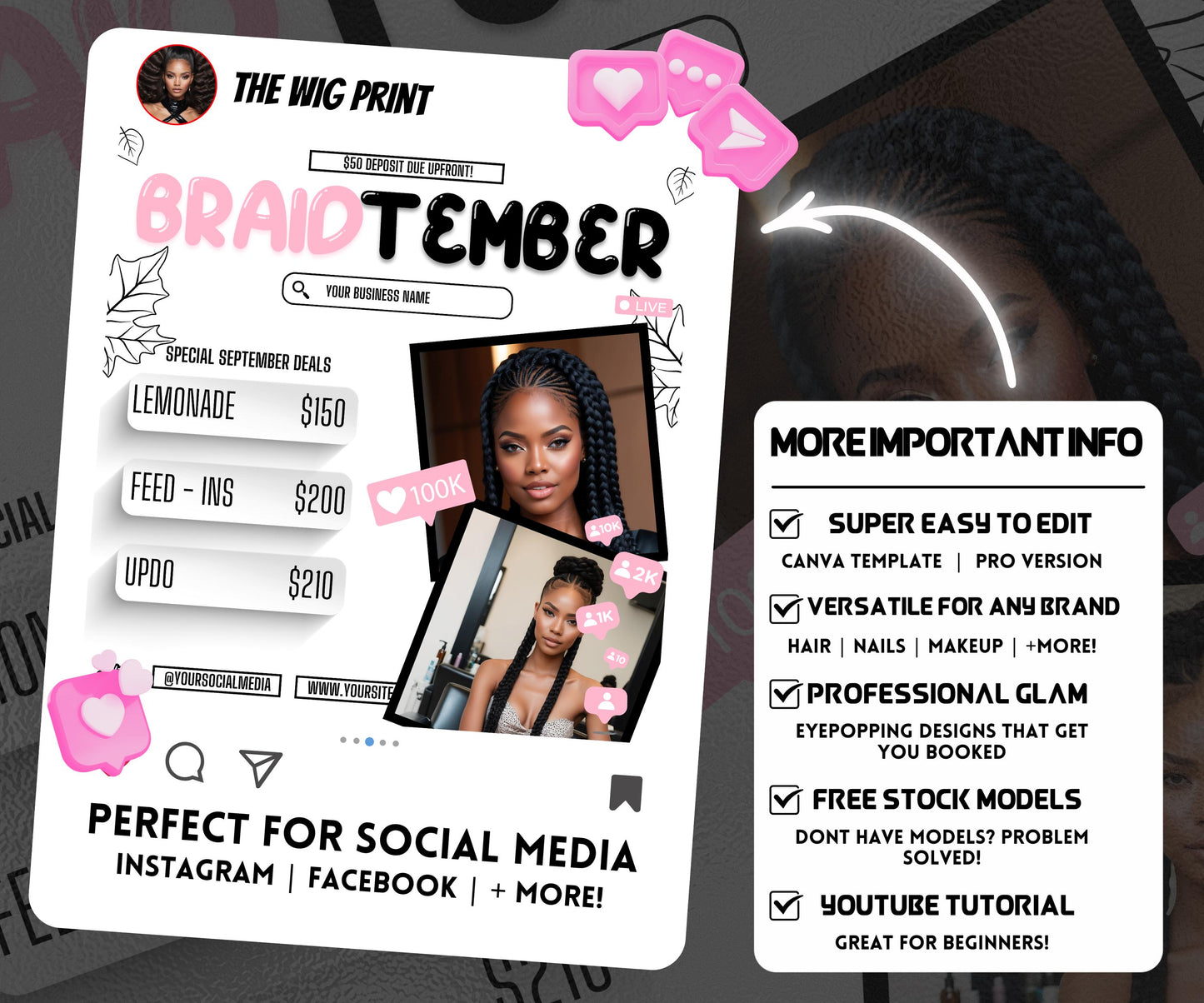 BraidTember | Braider Flyer | Canva Template | Beauty Flyer | Braid Promo | Customizable | September Flyer | September Specials