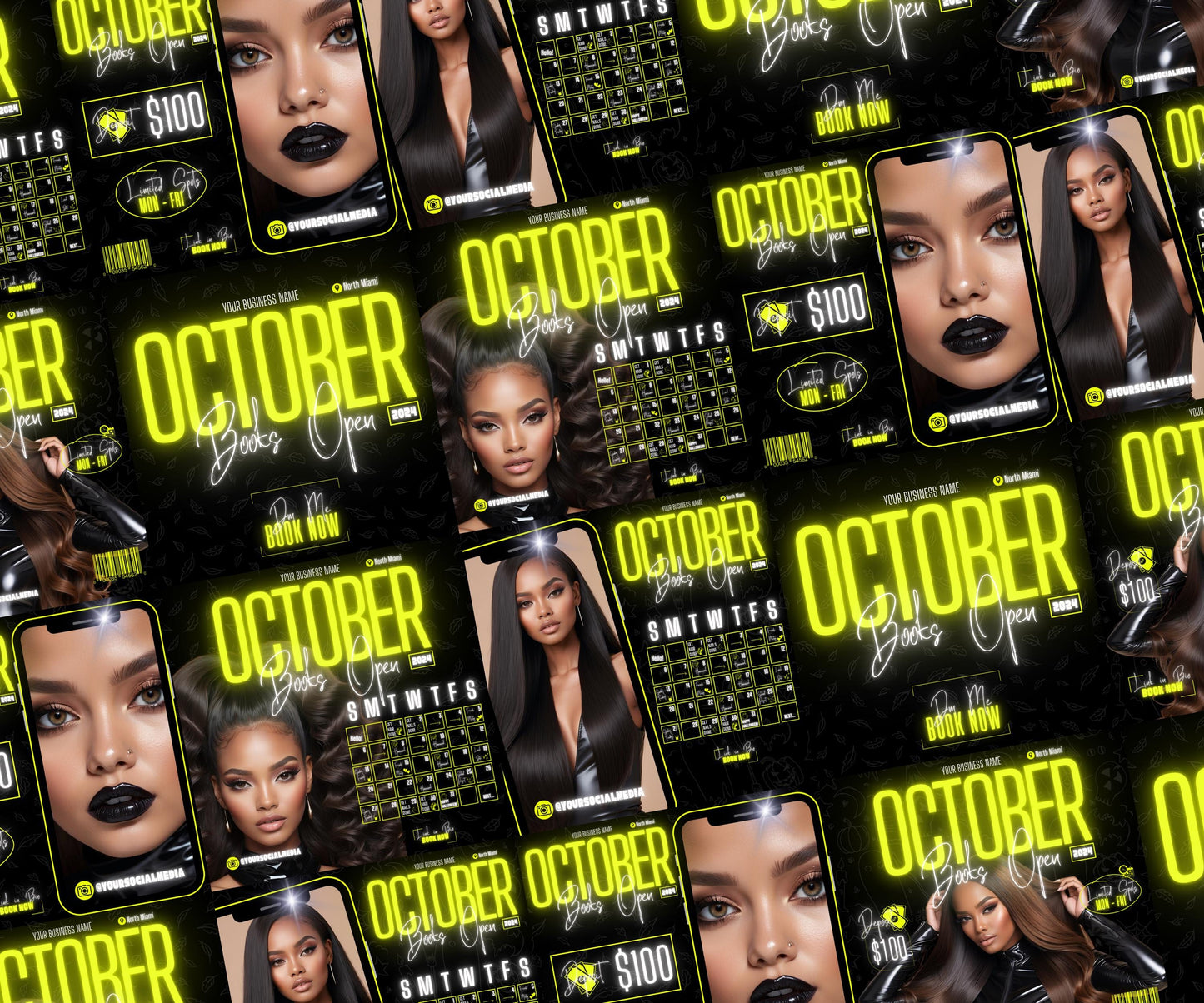 5 Neon Flyers | October Booking Flyers | Yellow Theme