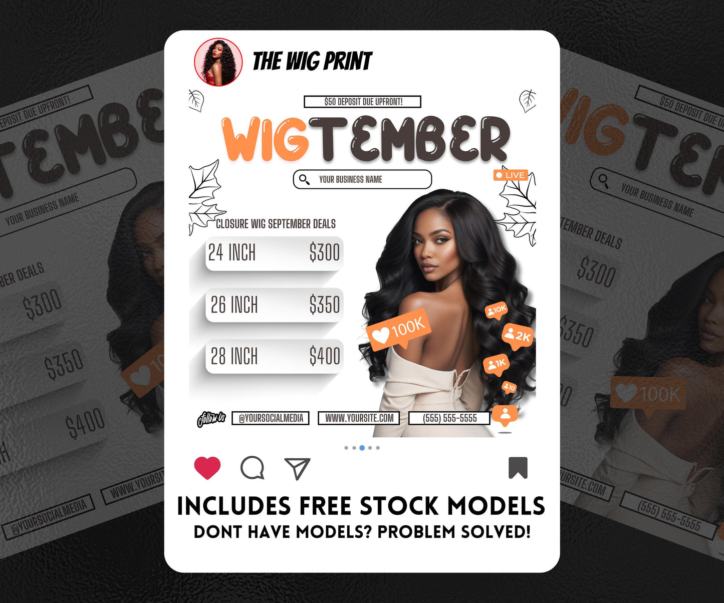 WigTember | 3 Wig Maker Flyers | Canva Template | Beauty Flyer | Wig Promo | Customizable | September Flyer | September Specials