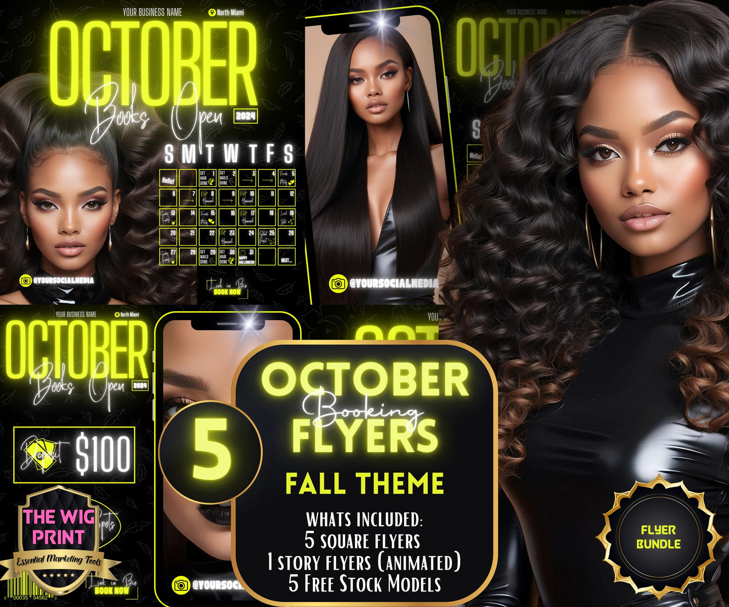 5 Neon Flyers | October Booking Flyers | Yellow Theme