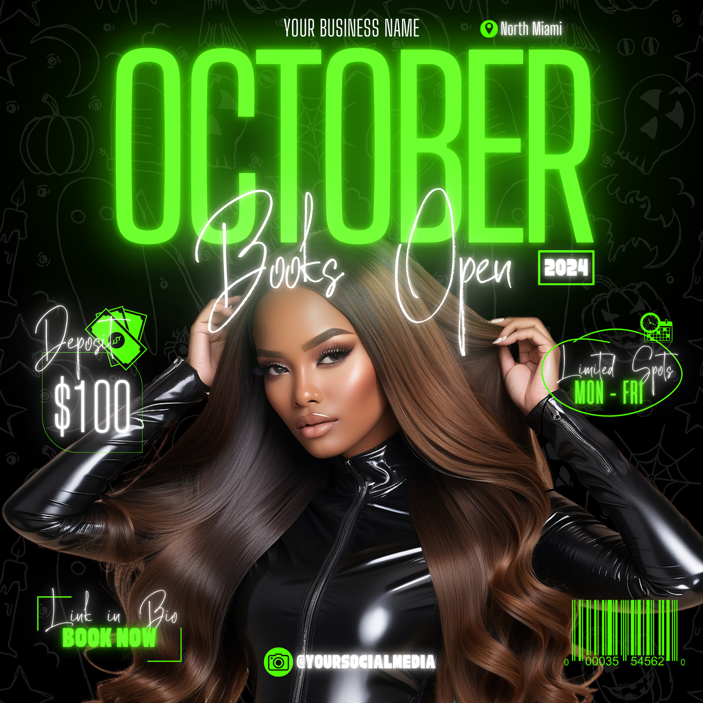 5 Neon Flyers | October Booking Flyers | Green Theme