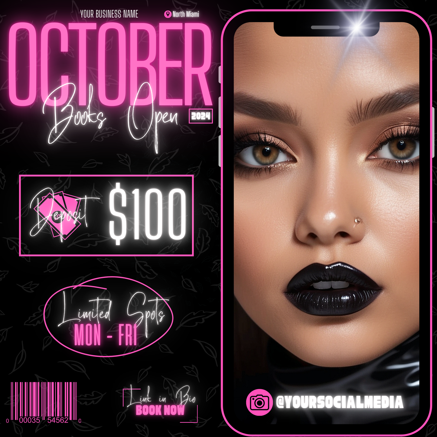 5 Neon Flyers | October Booking Flyers | Pink Theme