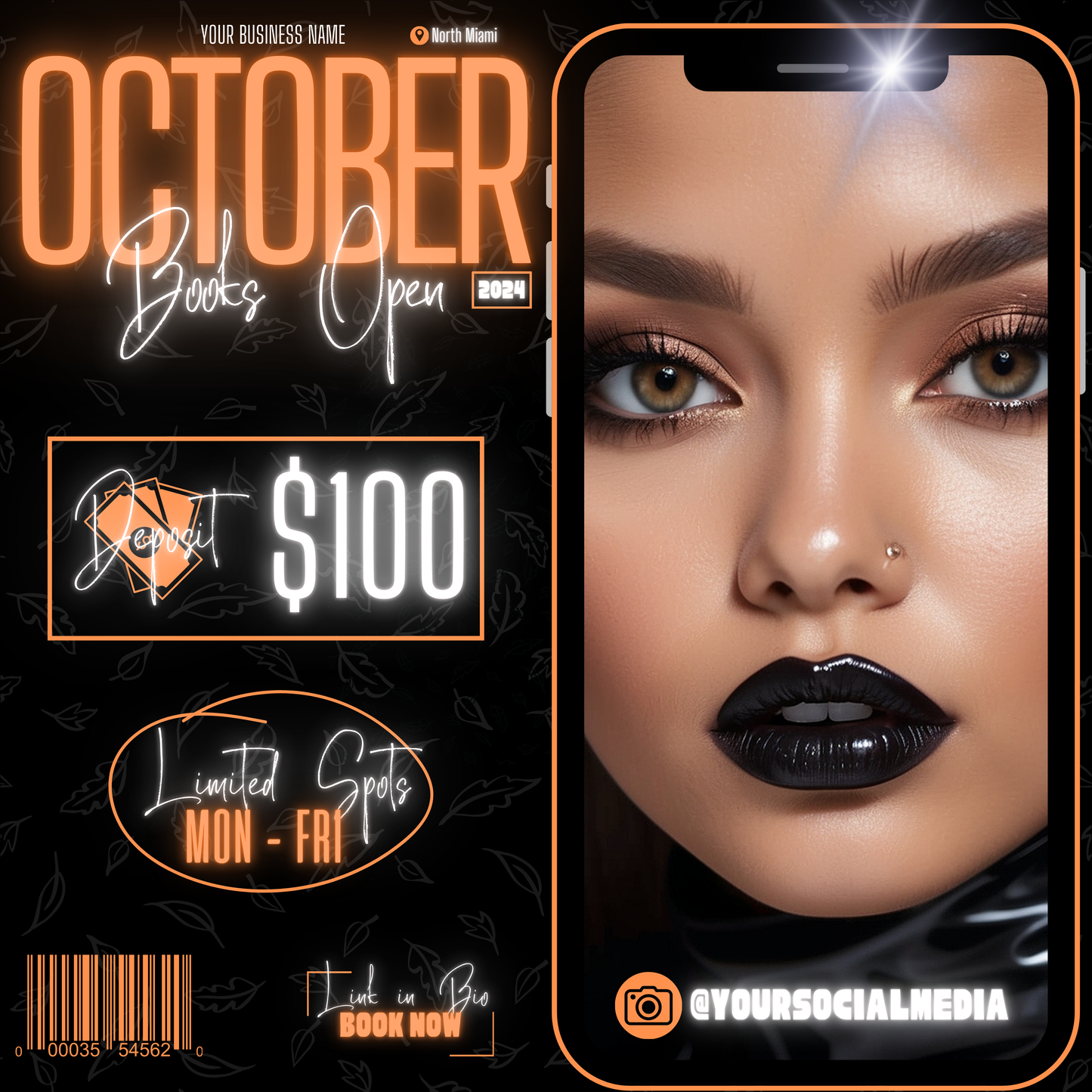 5 Neon Flyers | October Booking Flyers | Orange Theme