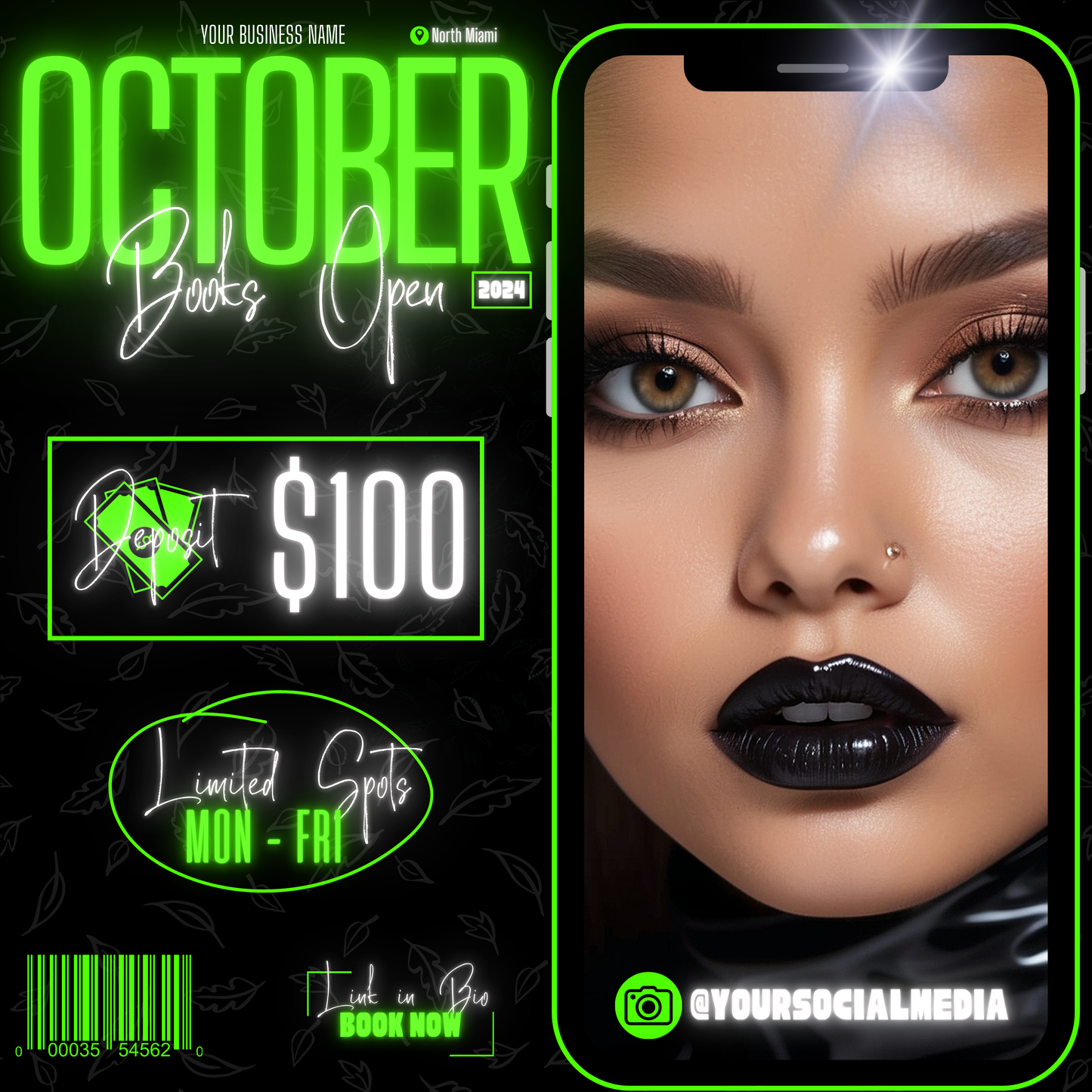 5 Neon Flyers | October Booking Flyers | Green Theme