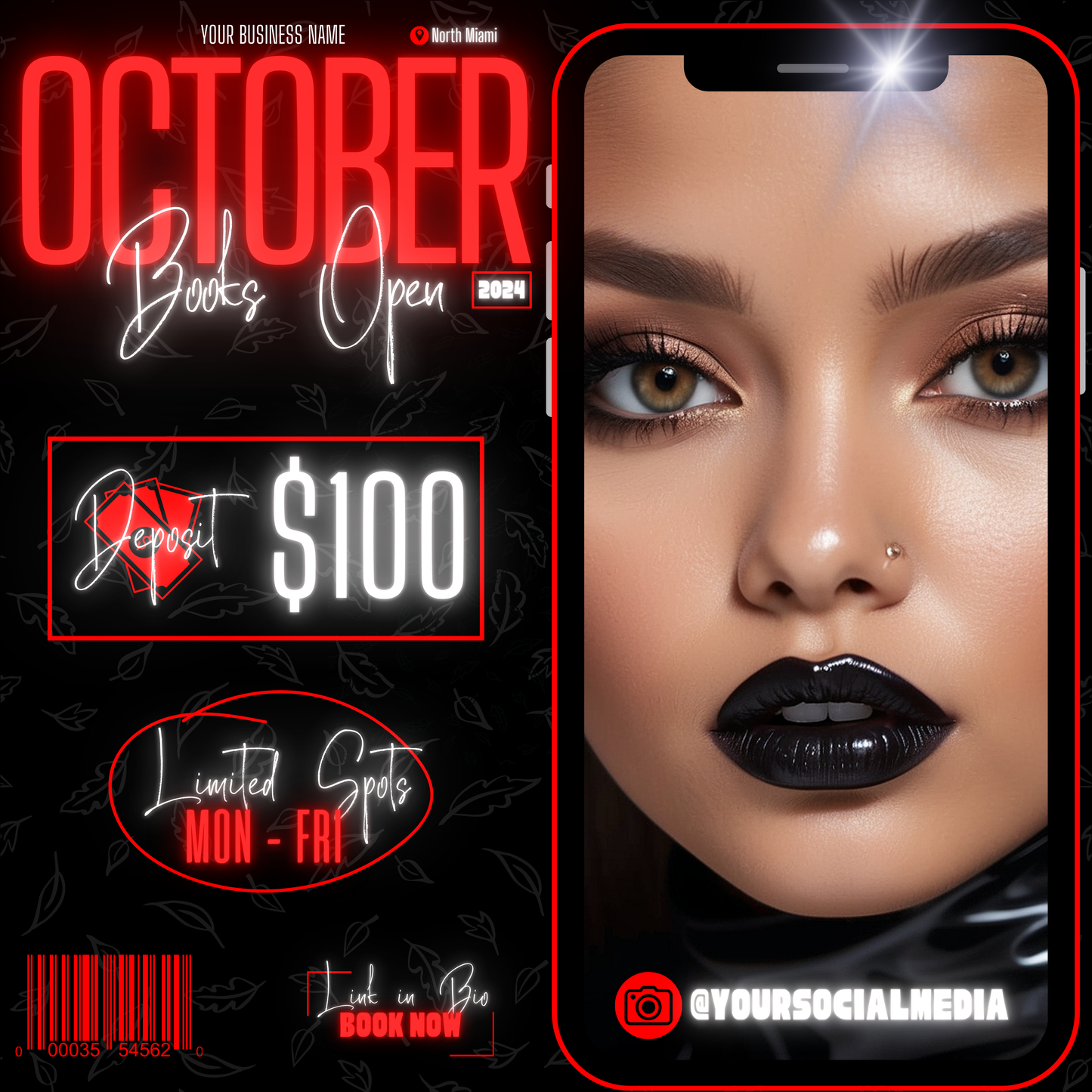 5 Neon Flyers | October Booking Flyers | Red Theme