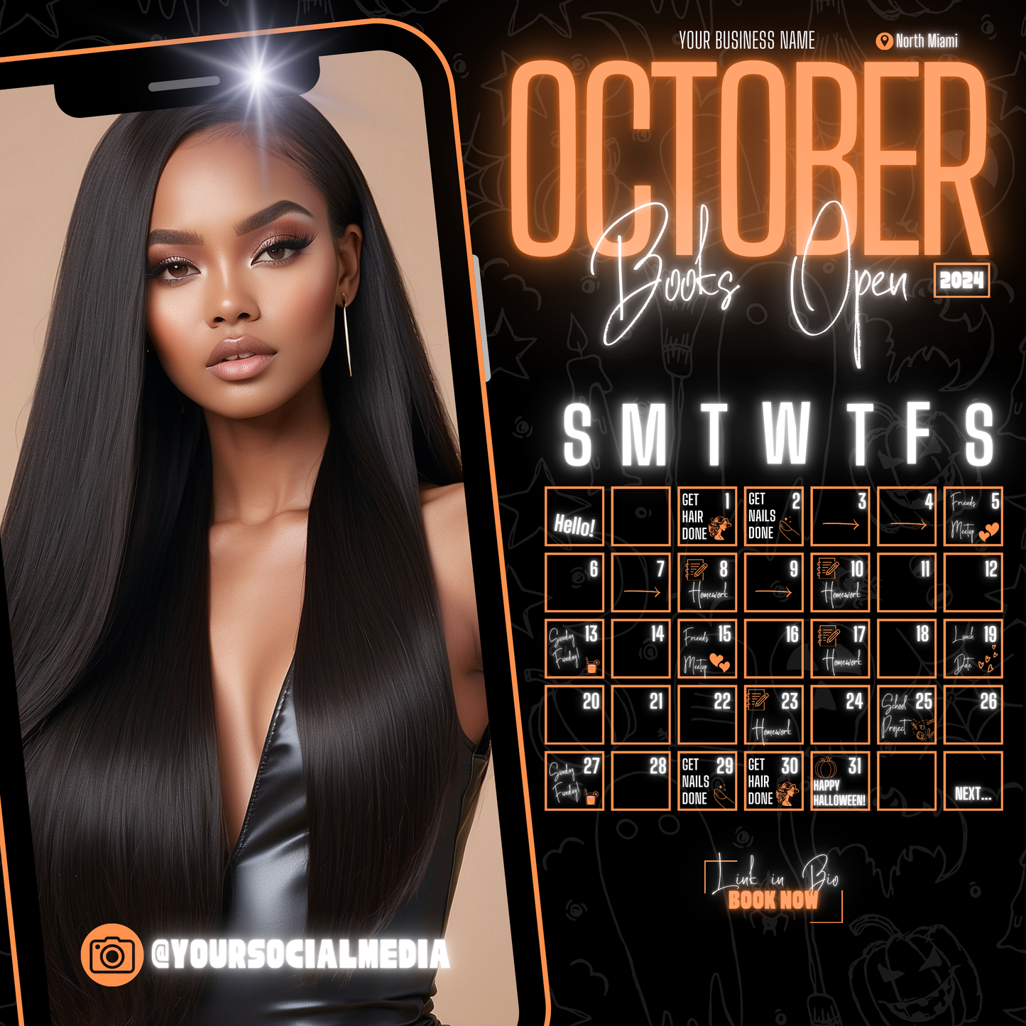 5 Neon Flyers | October Booking Flyers | Orange Theme