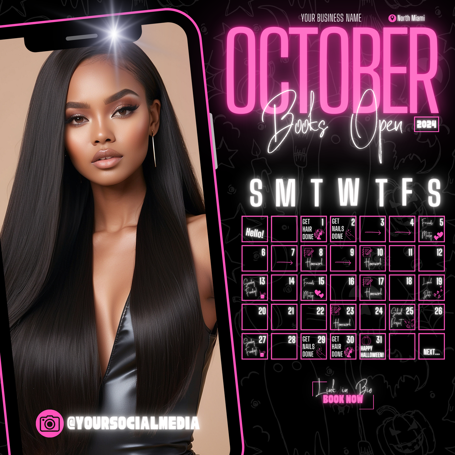 5 Neon Flyers | October Booking Flyers | Pink Theme