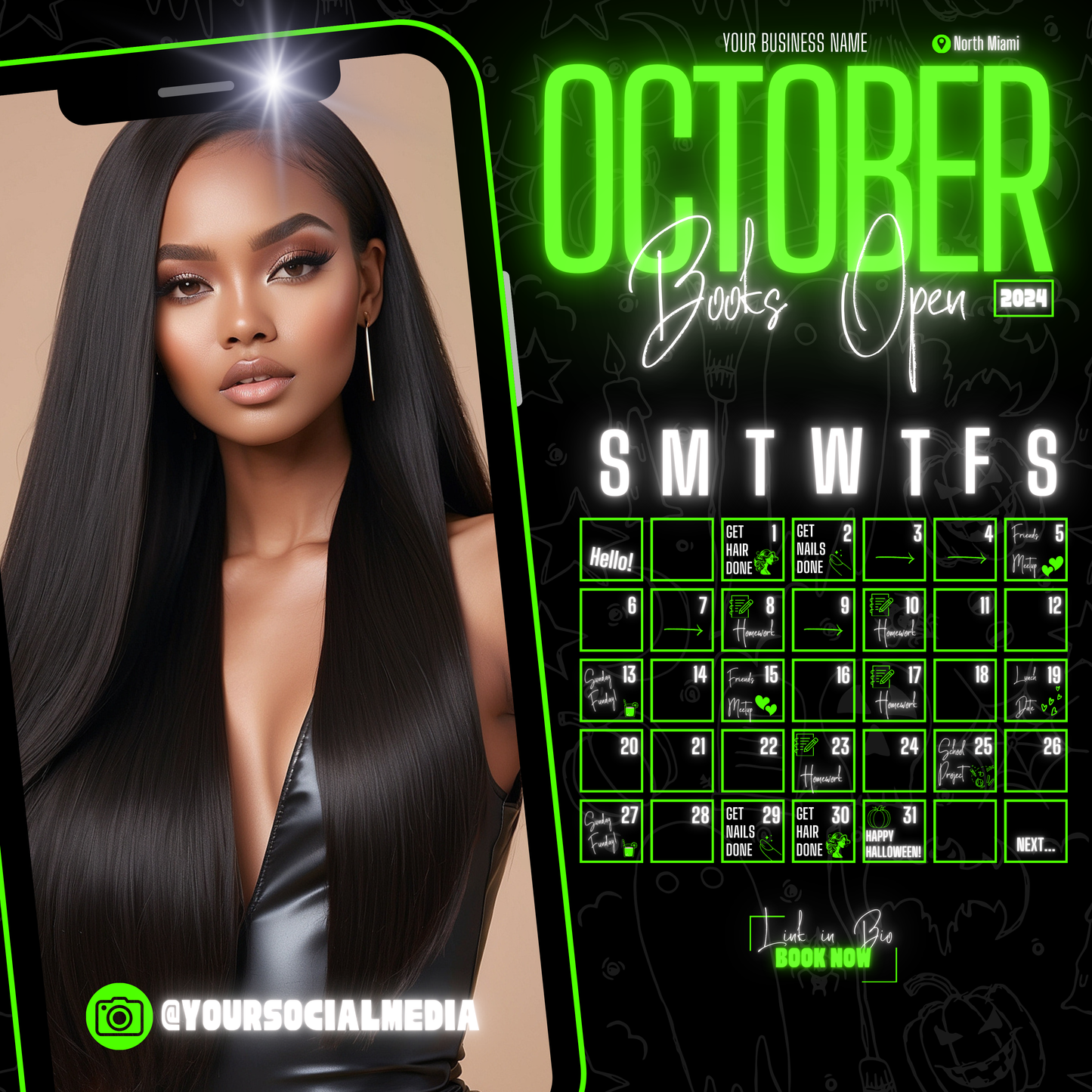 5 Neon Flyers | October Booking Flyers | Green Theme