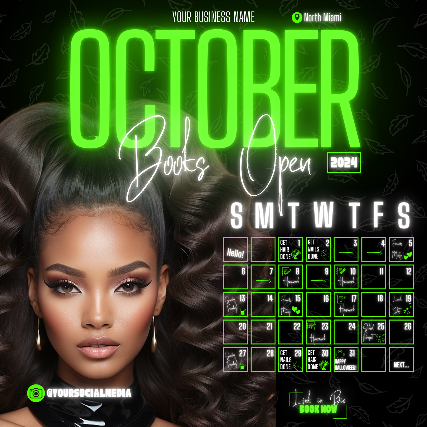 5 Neon Flyers | October Booking Flyers | Green Theme