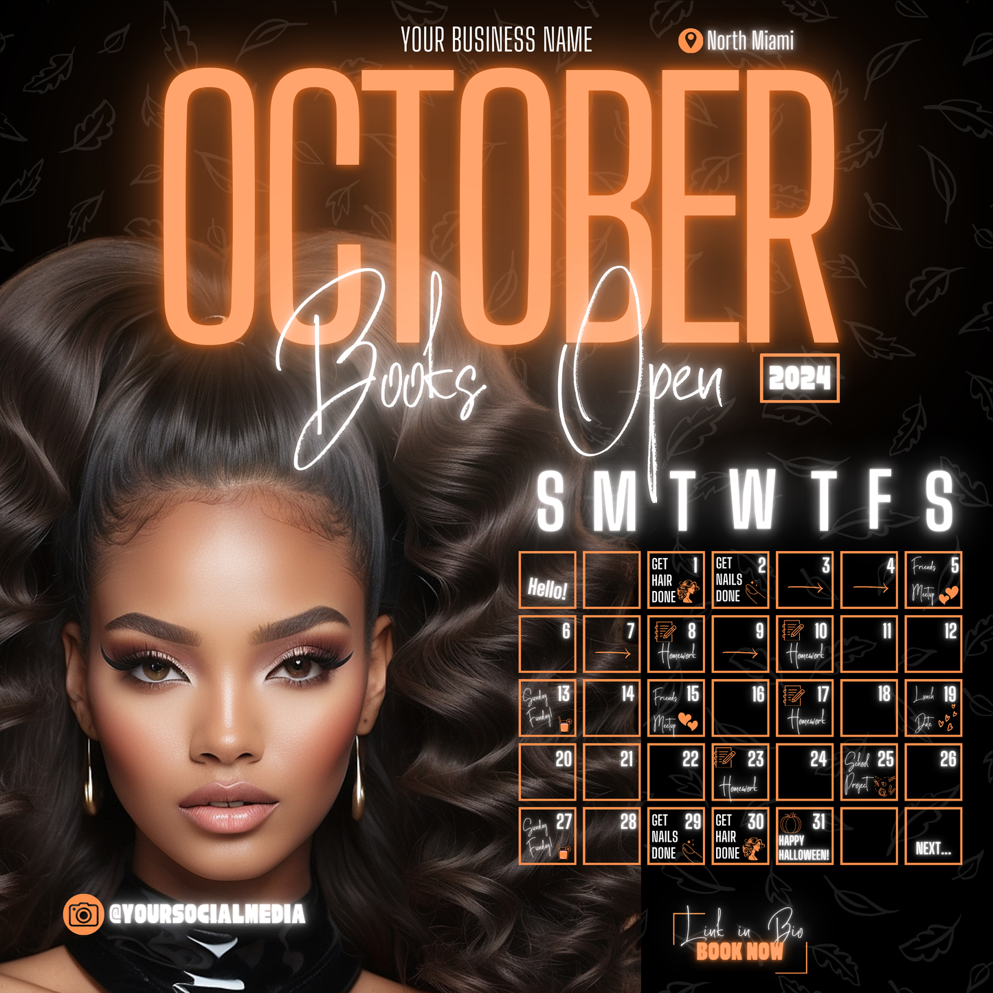 5 Neon Flyers | October Booking Flyers | Orange Theme