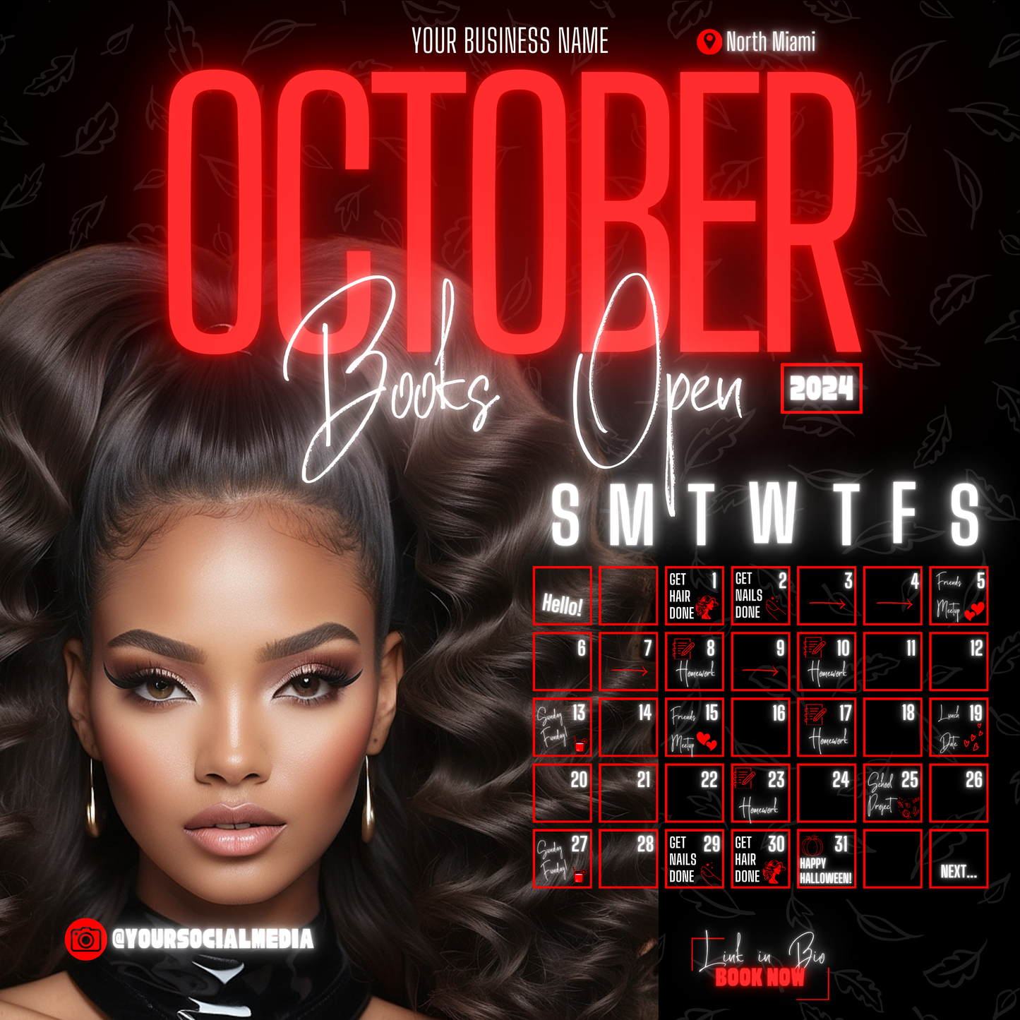 5 Neon Flyers | October Booking Flyers | Red Theme