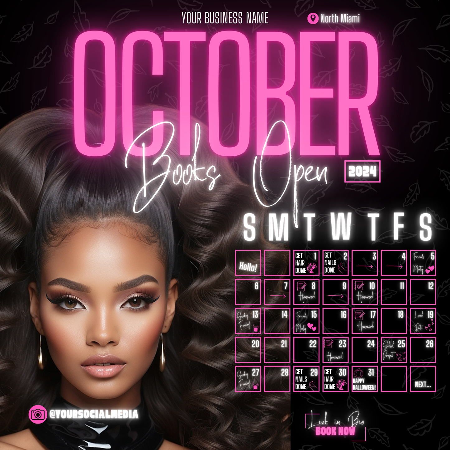 5 Neon Flyers | October Booking Flyers | Pink Theme