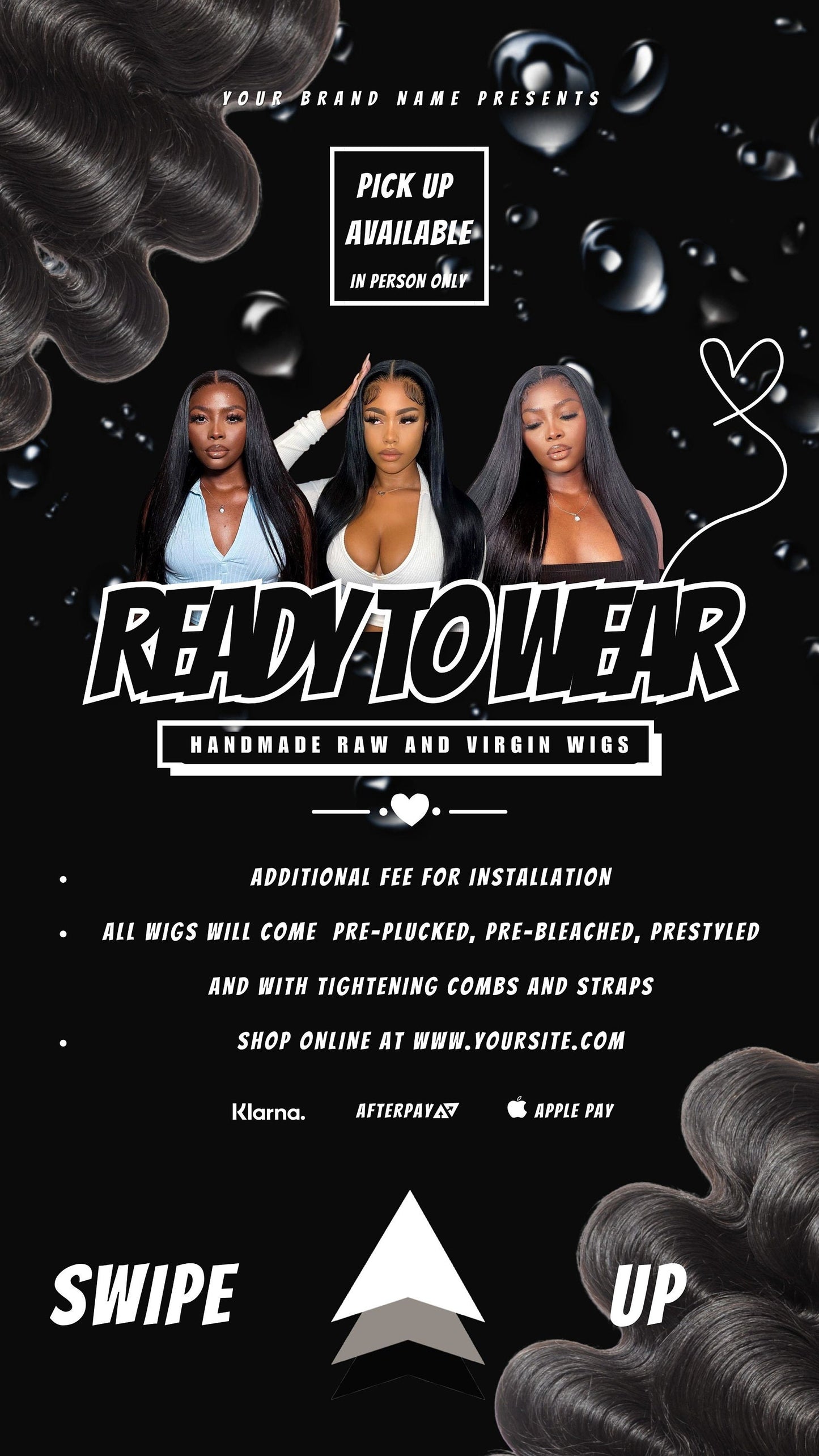 Ready 2 Wear Wigs | 3 Pieces | 1 Square Flyer | 1 Animated Story Flyer | 1 Landscape Flyer | DIY | Canva | Hair + Wig Industry | Black