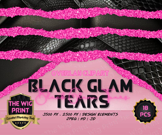 Black Glam Tears | Black 3D Textures | Pink Glitter | JPEG | PNG | 18 pieces | Design Elements