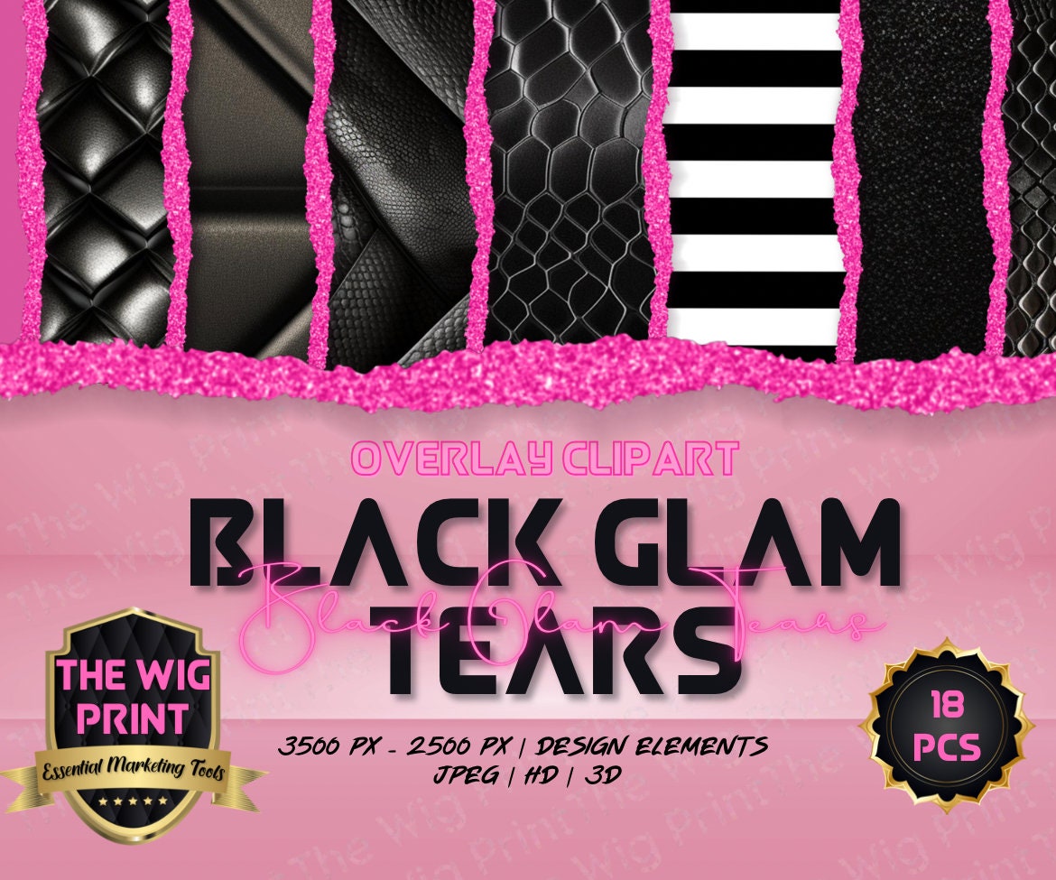 Black Glam Tears | Black 3D Textures | Pink Glitter | JPEG | PNG | 18 pieces | Design Elements