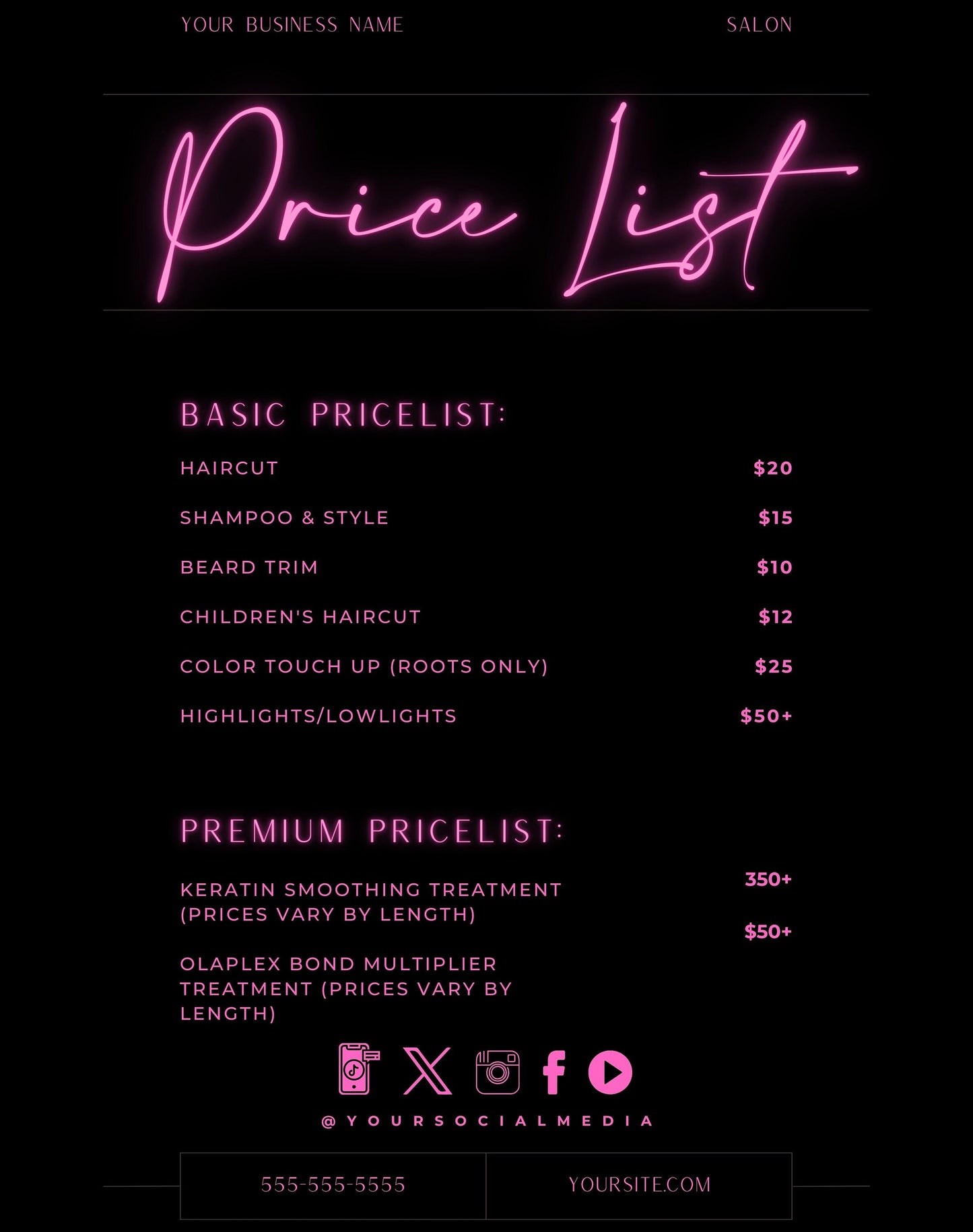 Price List | 3 Flyers | Hair + Wig or Any Industry | Neon | DIY | CANVA