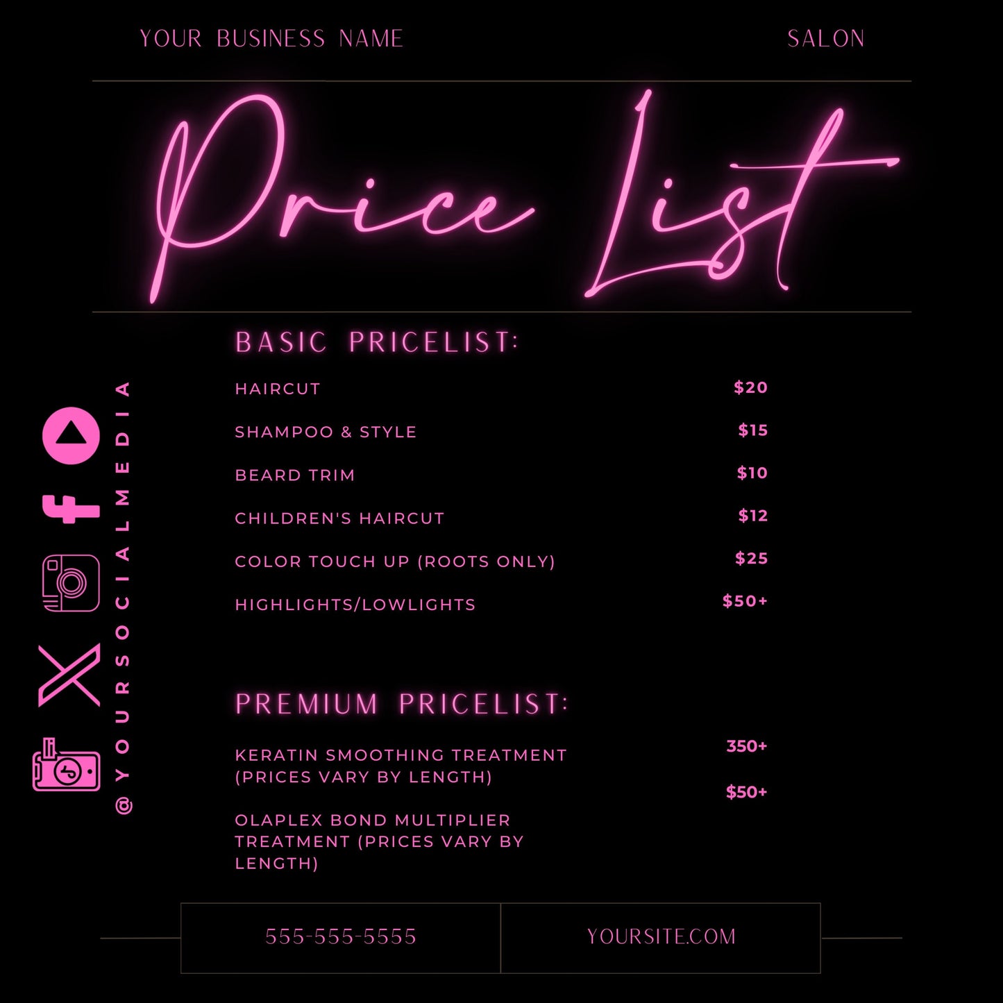 Price List | 3 Flyers | Hair + Wig or Any Industry | Neon | DIY | CANVA