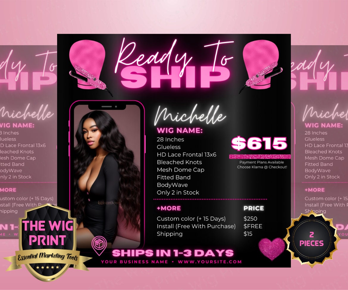 Ready 2 Ship | 2 Flyers | Hair + Wig Industry | Pink | DIY | CANVA | Instagram | Facebook