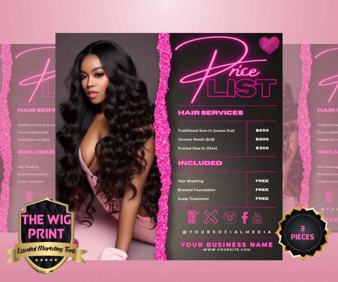 Pricelist | 3 Flyers | Hair + Wig Industry | Pink | DIY | CANVA | Instagram | Facebook