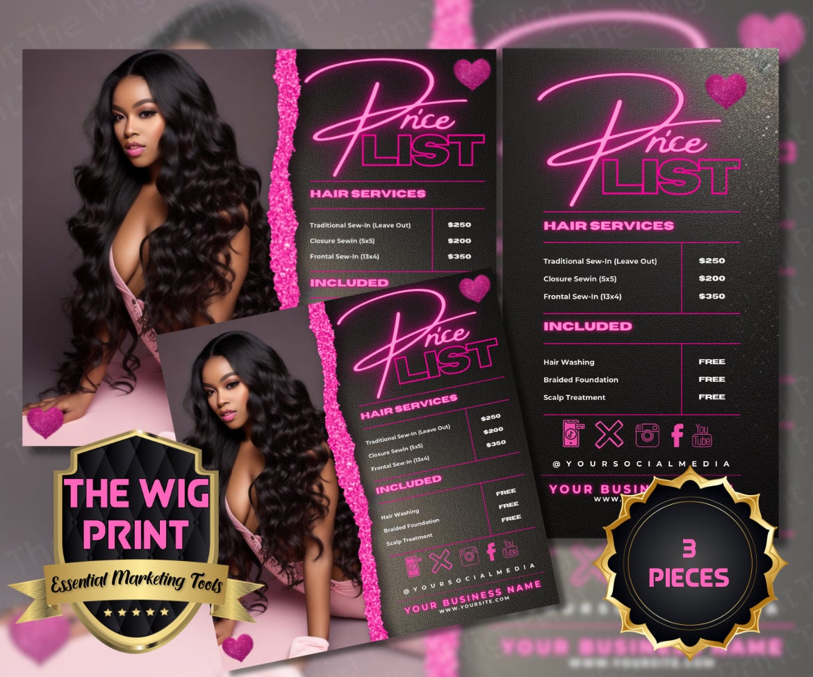 Pricelist | 3 Flyers | Hair + Wig Industry | Pink | DIY | CANVA | Instagram | Facebook