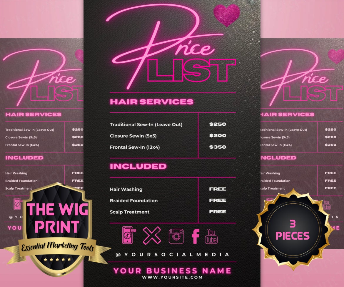 Pricelist | 3 Flyers | Hair + Wig Industry | Pink | DIY | CANVA | Instagram | Facebook