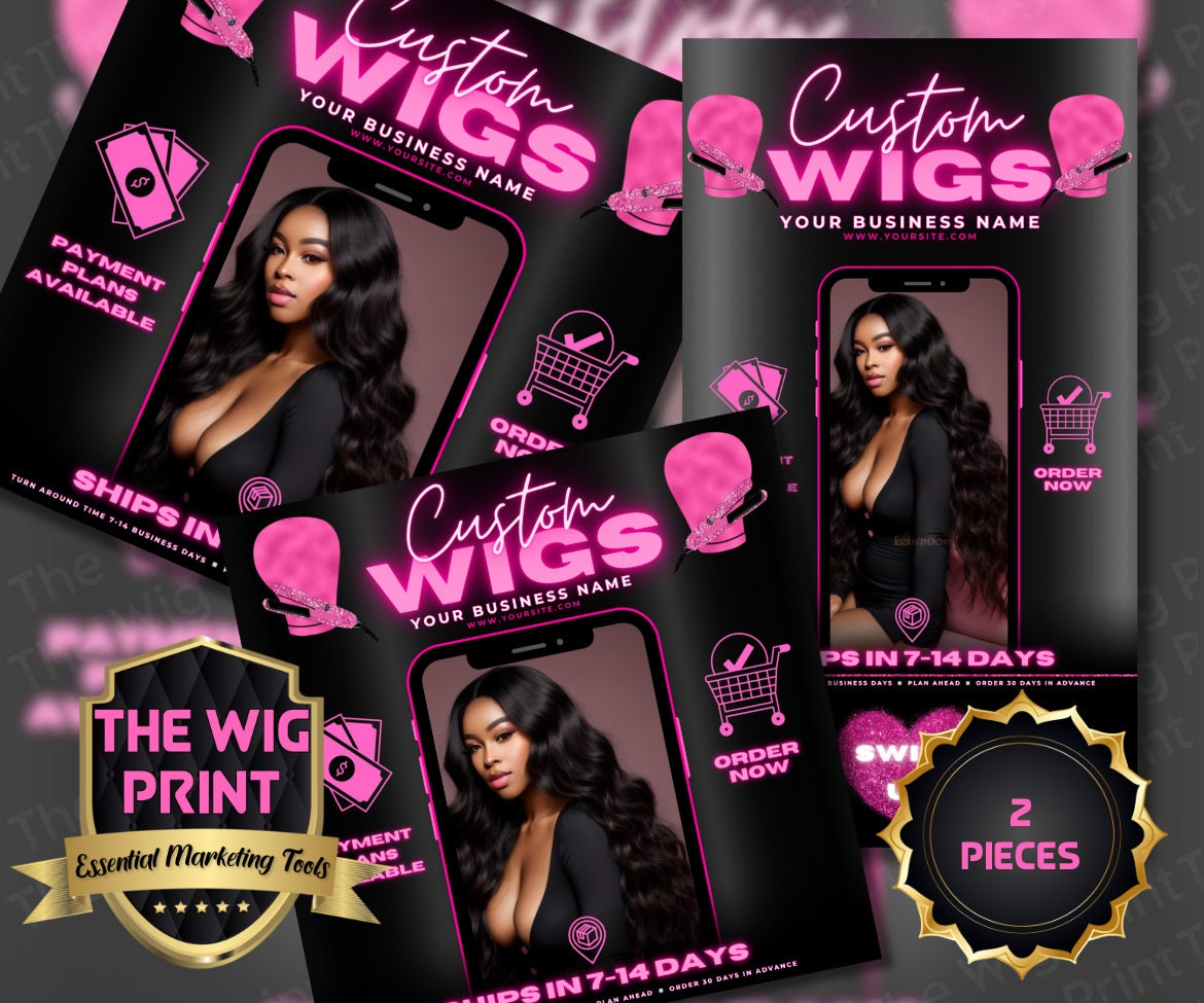 Custom Wigs v1 | 2 Flyers | Hair + Wig Industry | Pink | DIY | CANVA | Instagram | Facebook