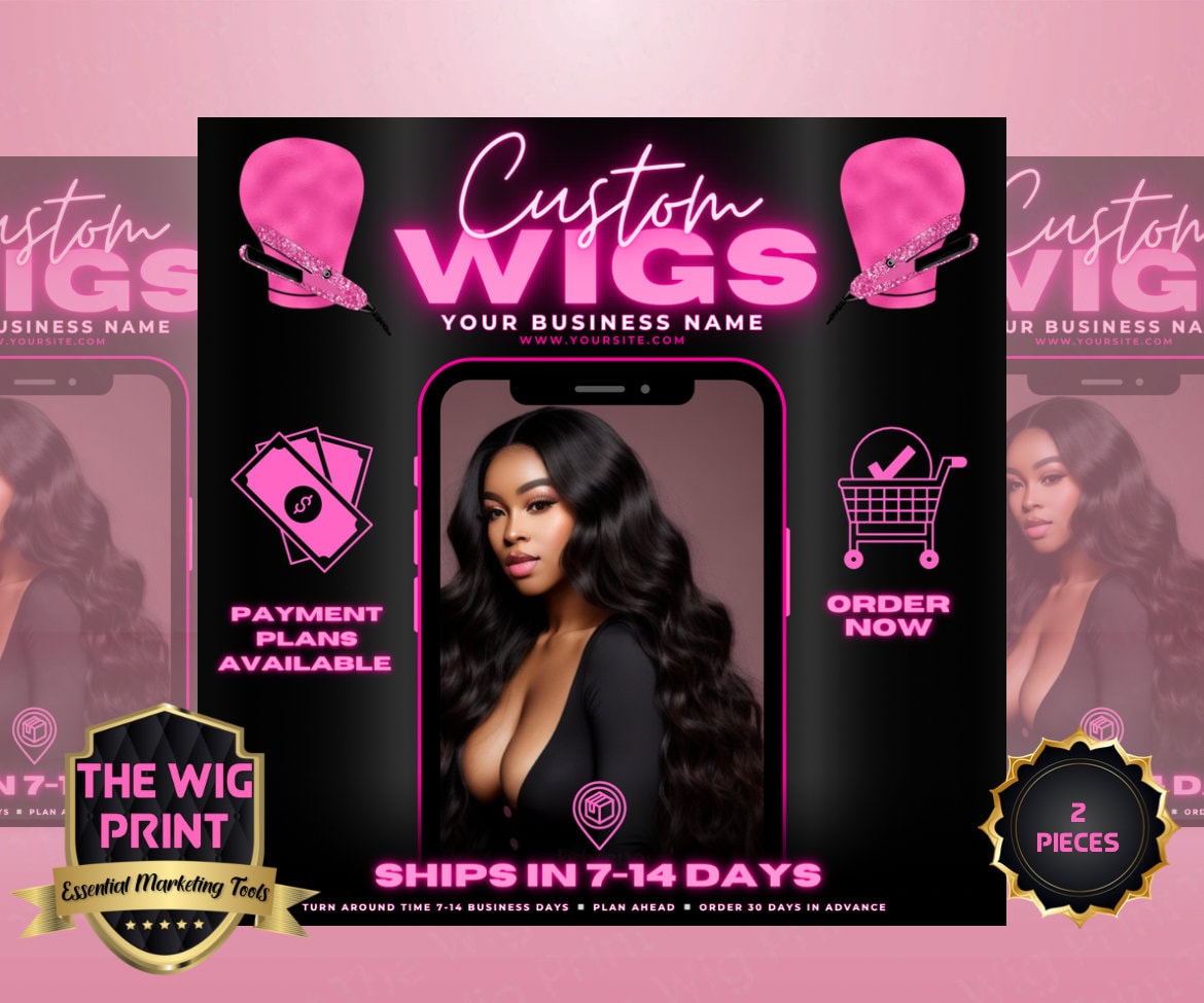 Custom Wigs v1 | 2 Flyers | Hair + Wig Industry | Pink | DIY | CANVA | Instagram | Facebook