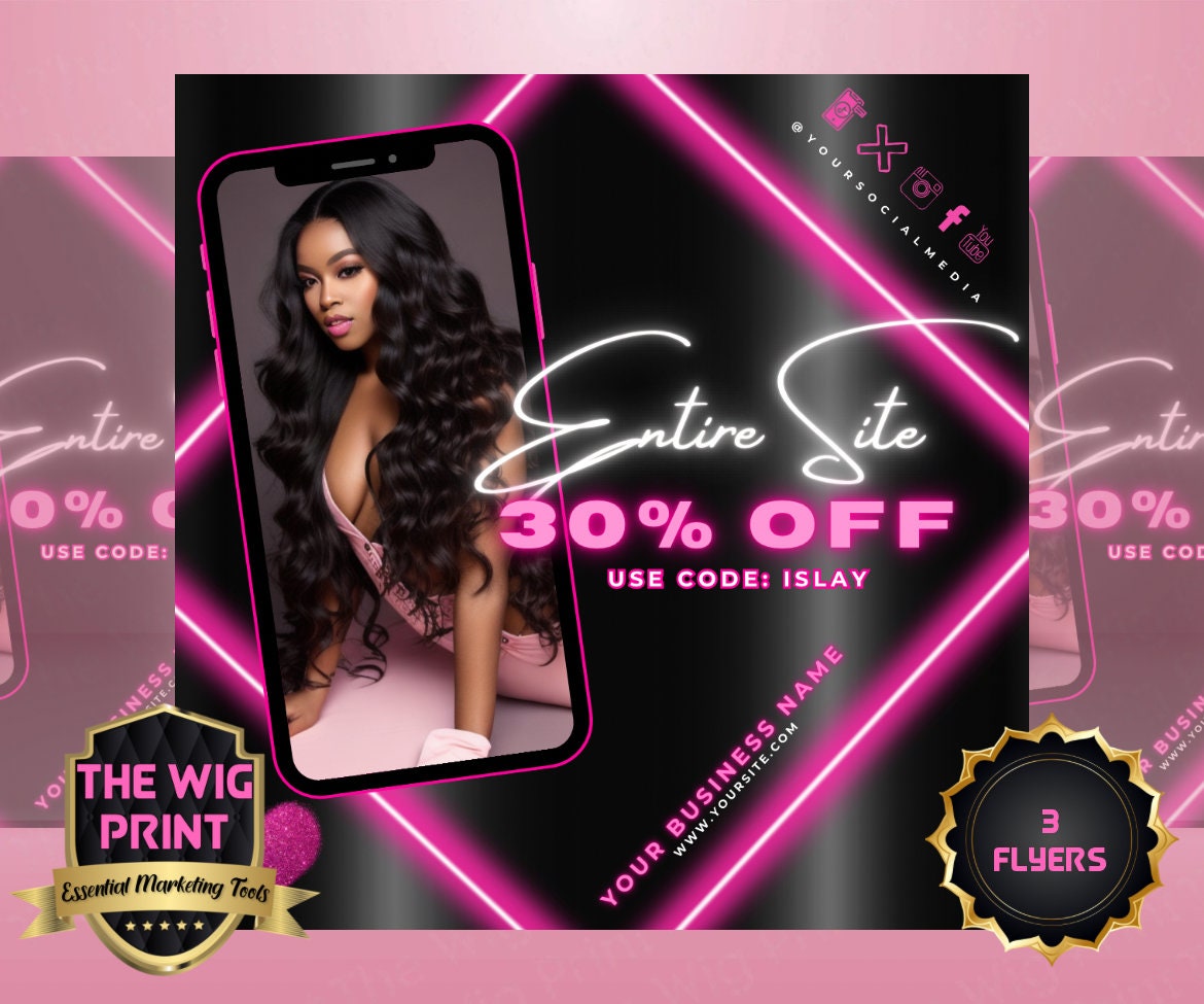 Order Wigs Today | 3 Flyers | Hair + Wig Industry | Pink | DIY | CANVA | Instagram | Facebook