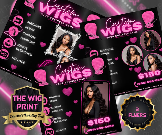 Custom Wigs v3 | 3 Flyers | Hair + Wig Industry | Pink | DIY | CANVA | Instagram | Facebook