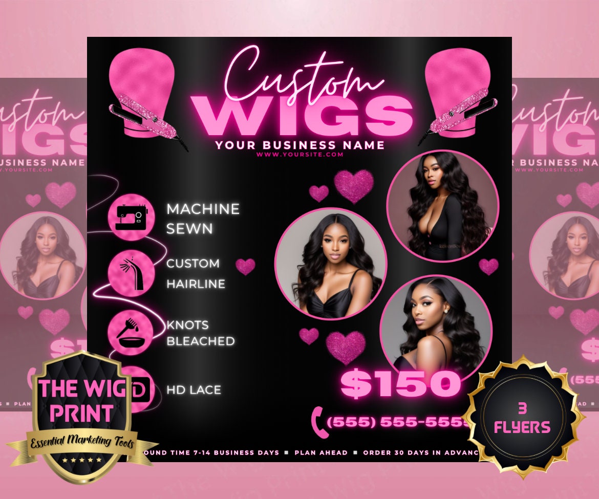 Custom Wigs v3 | 3 Flyers | Hair + Wig Industry | Pink | DIY | CANVA | Instagram | Facebook