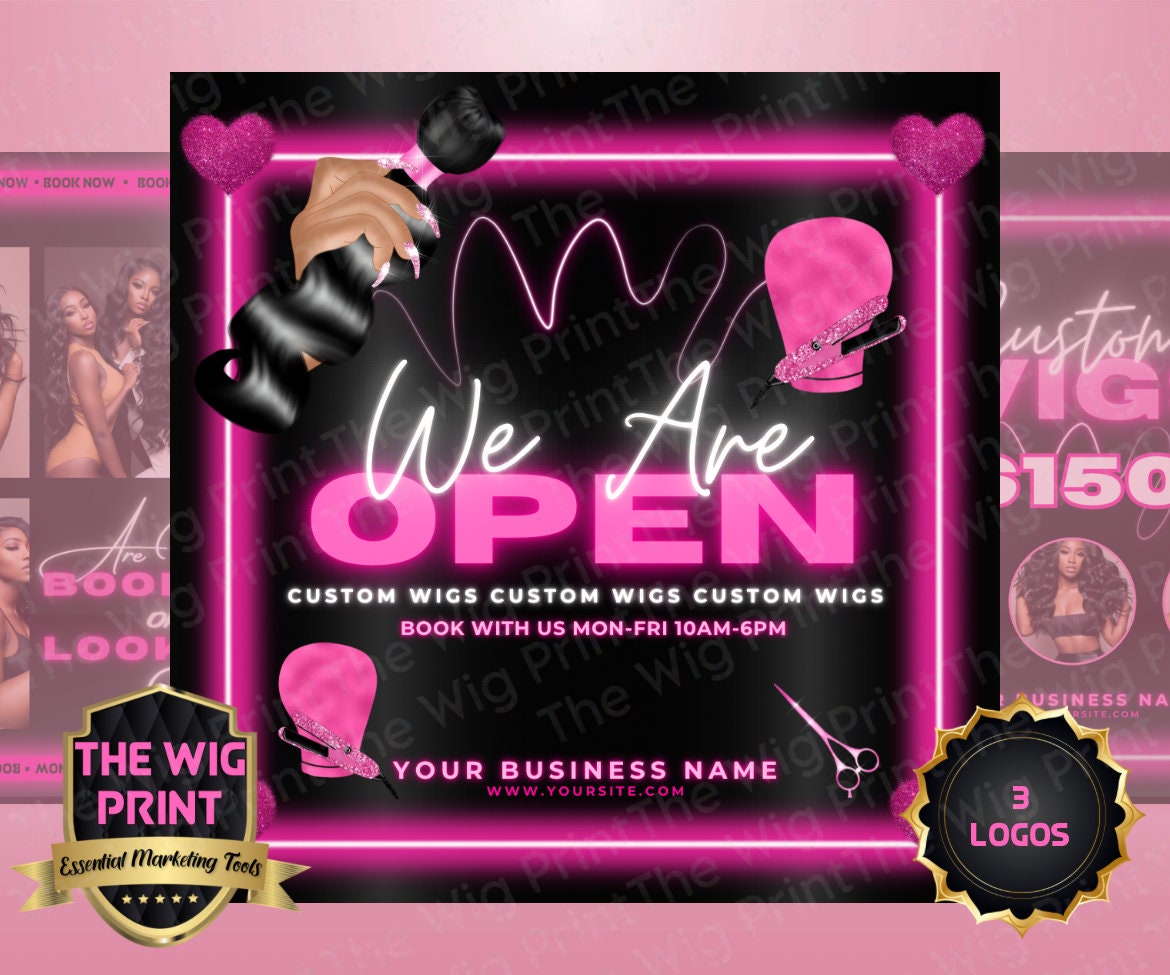 Custom Wigs v4 | 3 Flyers | Hair + Wig Industry | Pink | DIY | CANVA | Flyer | Instagram | Facebook