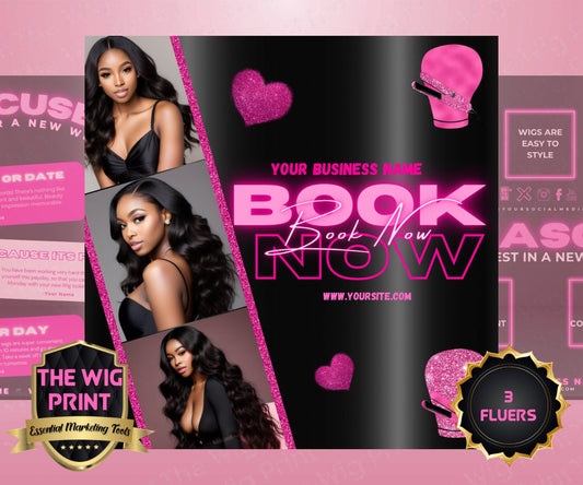 Book Now v1 | Hair + Wig Industry | Pink | DIY | CANVA | Flyer | Instagram | Facebook