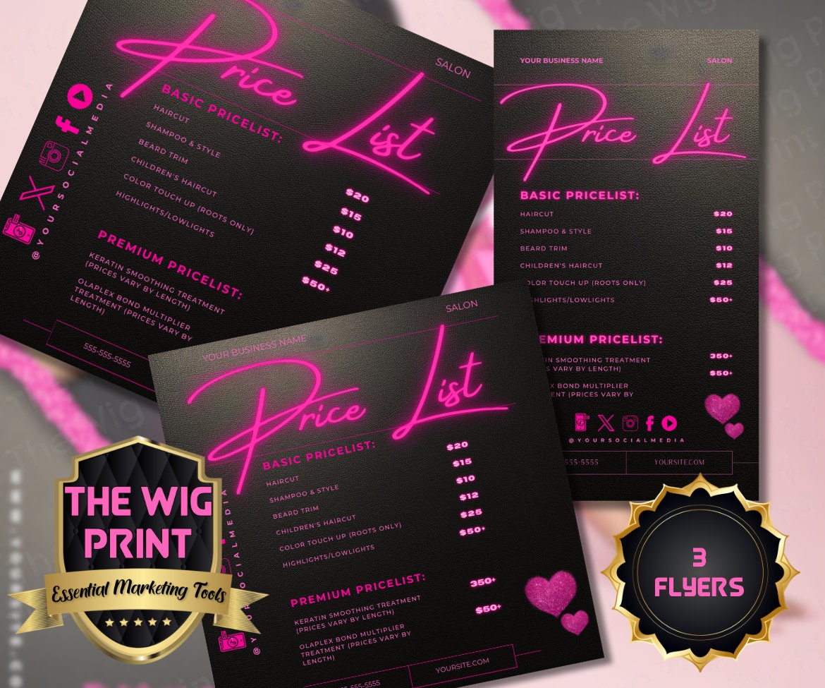 Price List | 3 Flyers | Any Industry | Neon Pink | DIY | CANVA | Instagram | Facebook