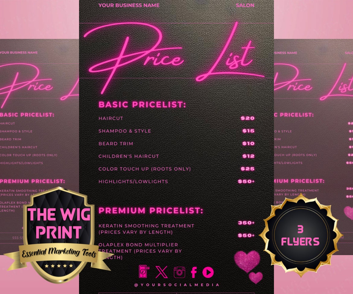 Price List | 3 Flyers | Any Industry | Neon Pink | DIY | CANVA | Instagram | Facebook