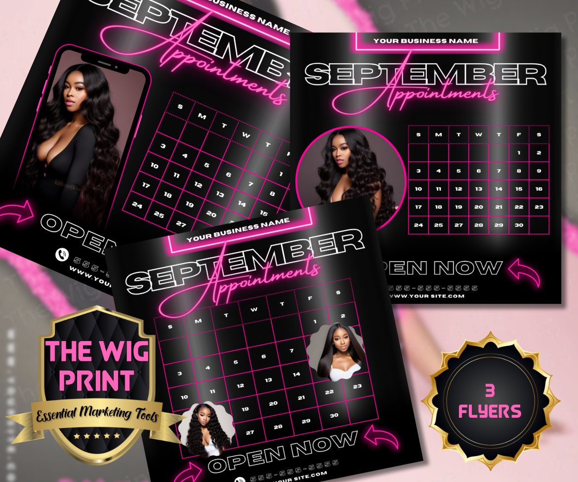 SEPTEMBER Appointments | 3 Flyers | Hair + Wig Industry | Pink Neon | DIY | CANVA | Calender