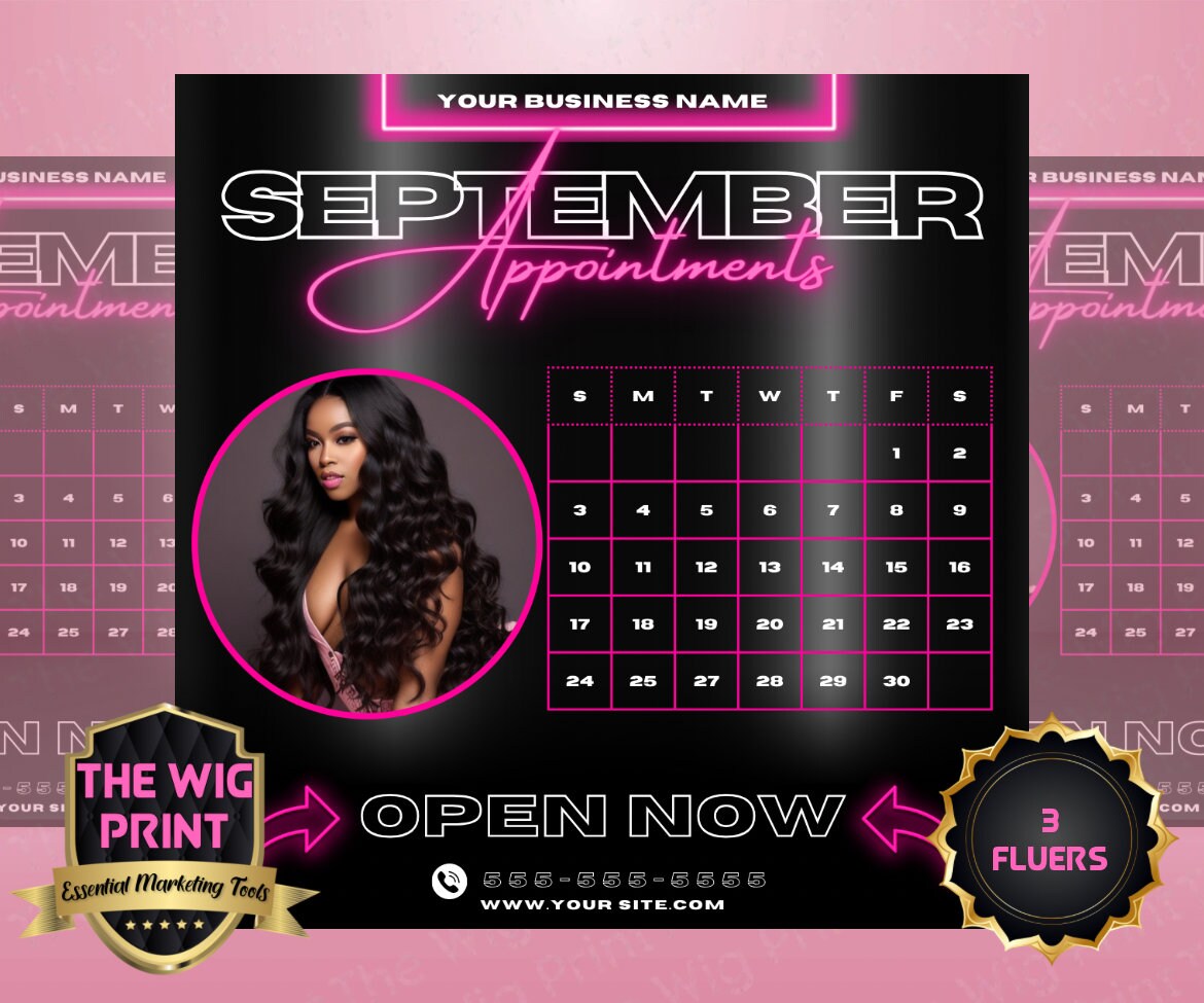 SEPTEMBER Appointments | 3 Flyers | Hair + Wig Industry | Pink Neon | DIY | CANVA | Calender