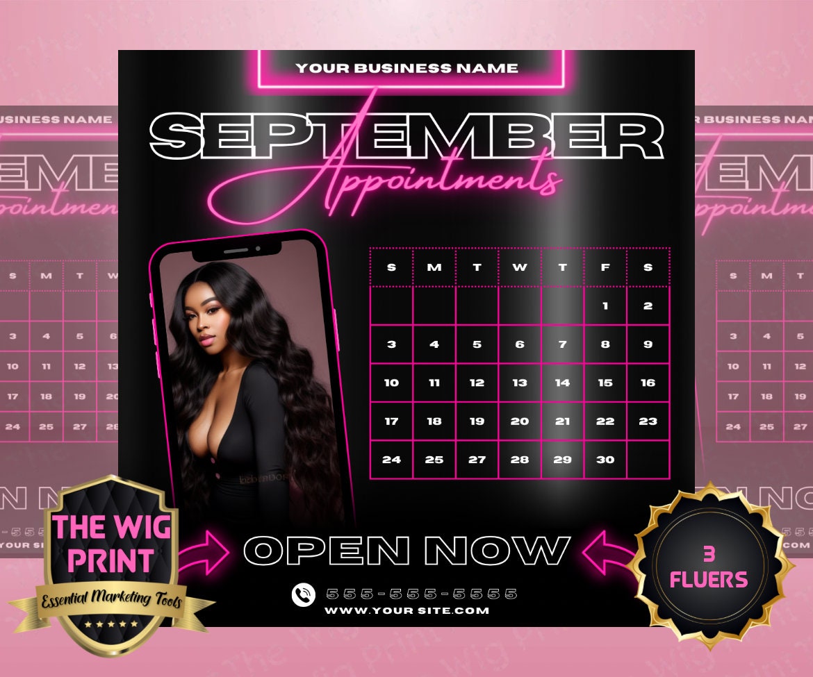 SEPTEMBER Appointments | 3 Flyers | Hair + Wig Industry | Pink Neon | DIY | CANVA | Calender