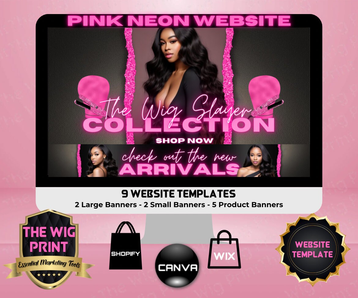 Pink Neon | Website Template | 9 Banners | Hair + Wig Industry | Pink | DIY | CANVA | Flyer | Shopify | Wix